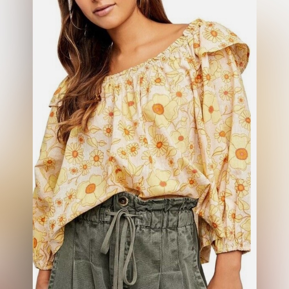Free People Miss Daisy Cotton Printed Floral Yellow Women's Top Blouse Bohemian